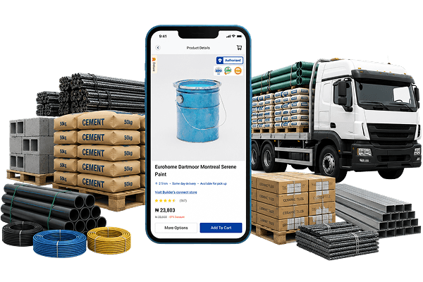 Pallets of cement, pipes and tiles beside a loaded delivery truck, with a product page open on a phone in front of them